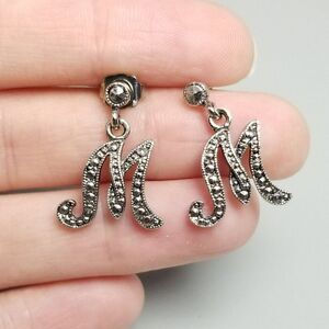 Vintage Avon M Monogram Letter Dangle Charm Stud Earrings, Silver Tone Initials